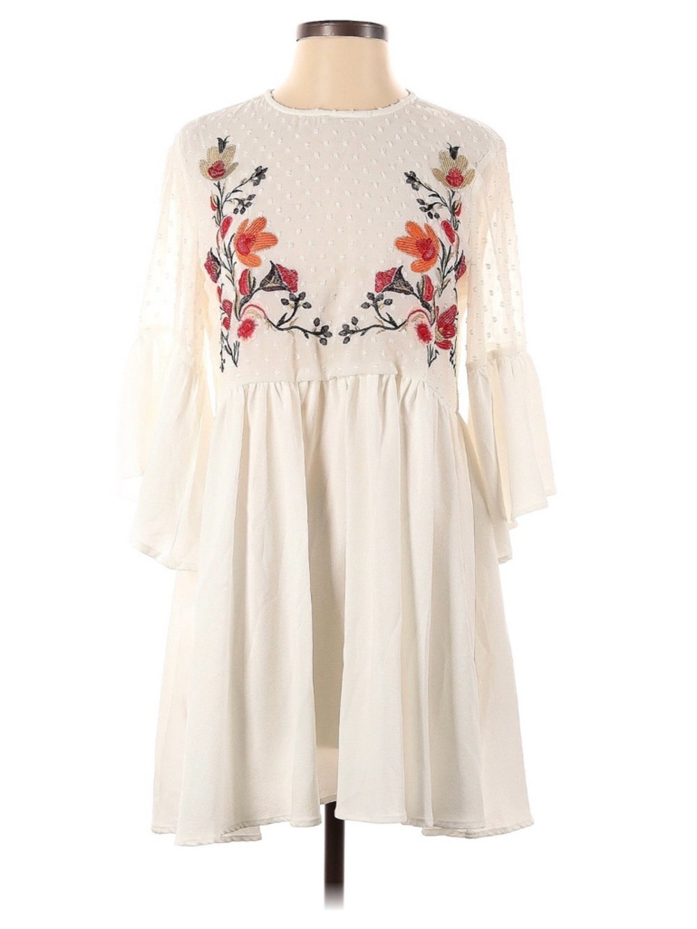 SHEIN Cream Mini Dress with Red & Orange Floral Embroidery